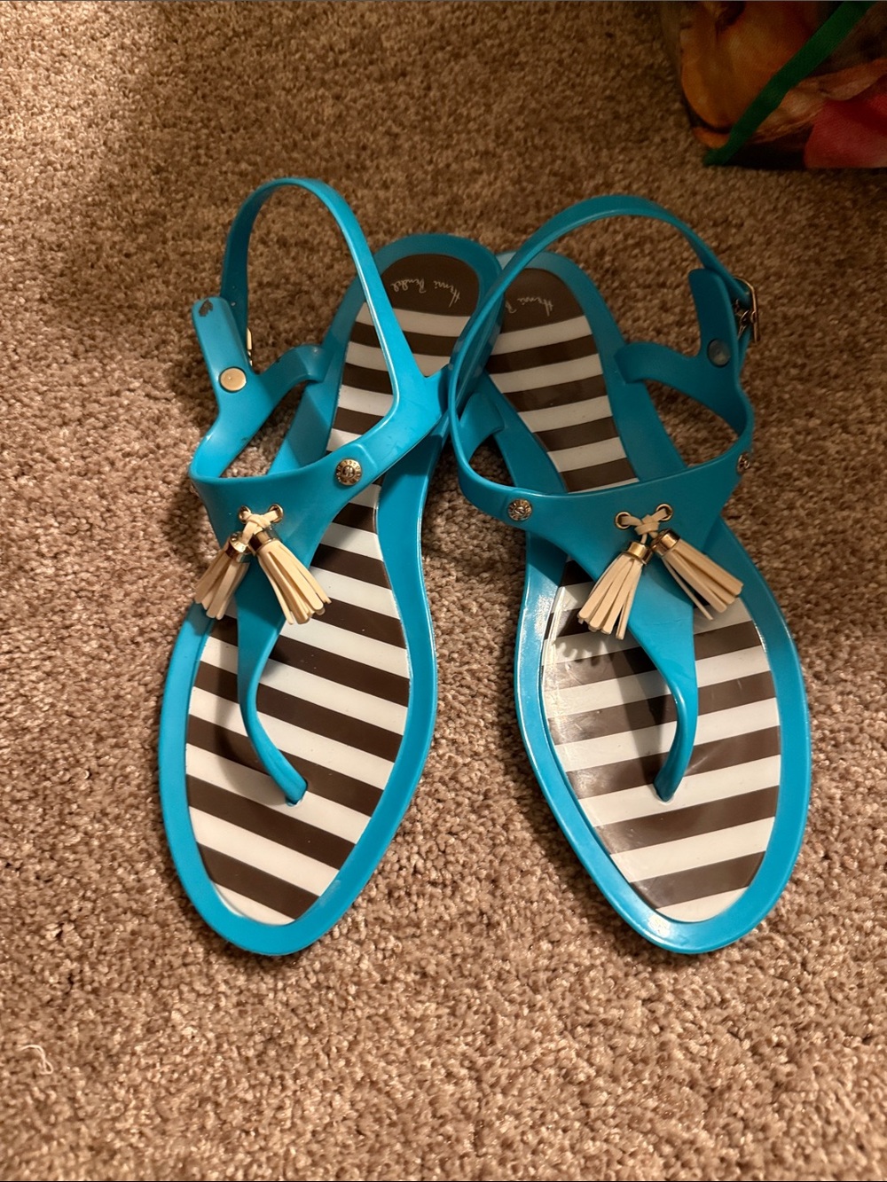 Henry Bendel Turquoise T-Strap Sandals with Tassels
